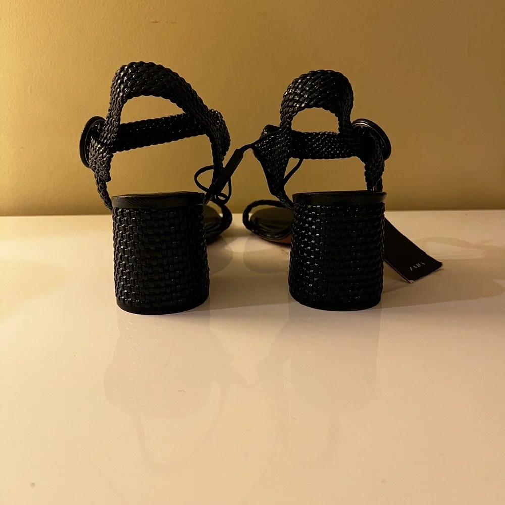 NWT Zara Black Woven Leather Women's Heeled Sandals - Picture 6 of 6